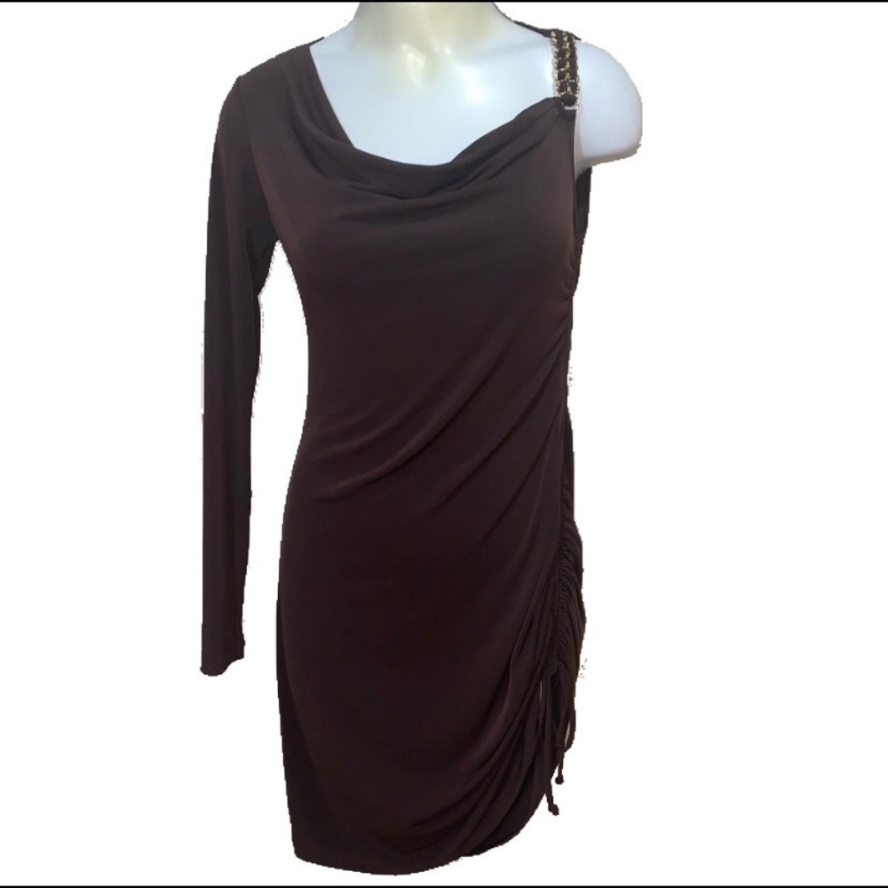 Cowl neck one sleeve ruched mini dress